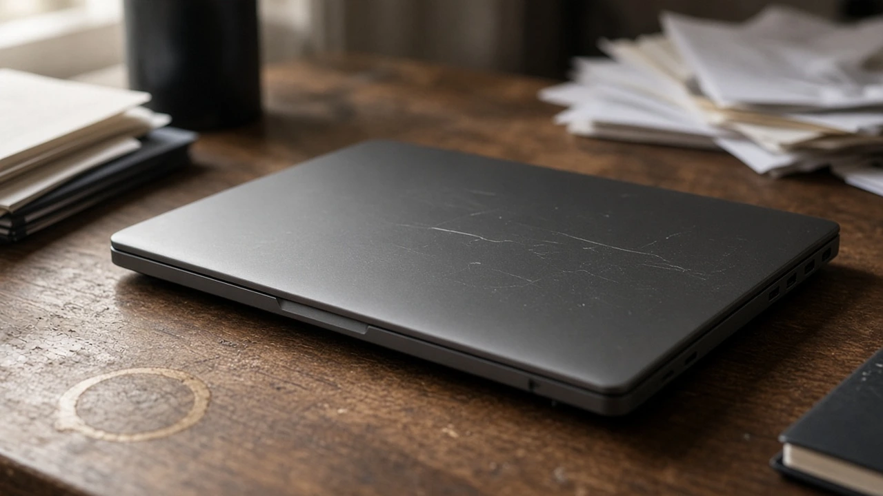 Zamknięty laptop biznesowy Dell Latitude na zużytym biurku – realistyczny kadr dokumentalny