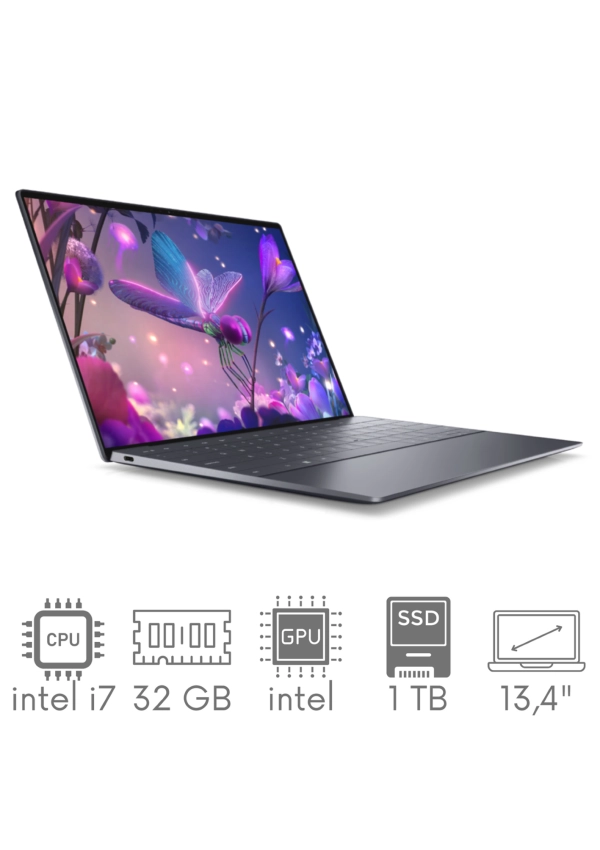 Bezramkowy aluminiowy ultrabook Dell XPS 9320 i7-1360P 32GB 1TB SSD 13,4" QHD+ OLED 3456x2160 Iris Xe WiFi BT Kam win11 PL Gw12mc