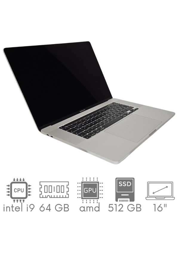 Apple MacBook Pro A2141 i9-9880HK 64GB 512 SSD 16" Retina 3072x1920 Radeon Pro 5500M 8GB WiFi BT Kam OS Sequoia PL Gw12mc